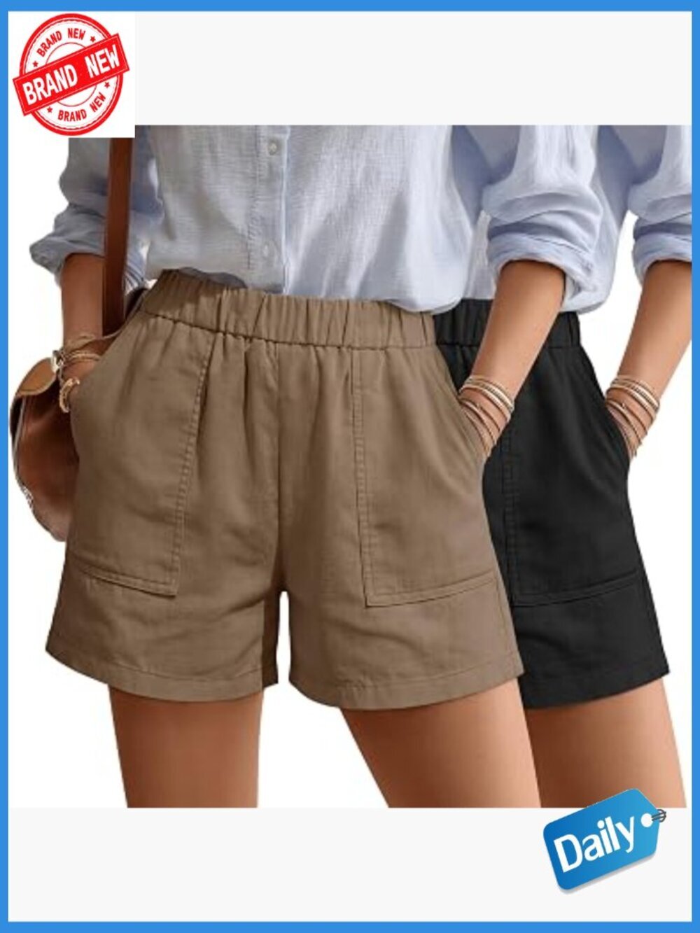 2 Pack Linen Shorts Elastic Waist Casual Pull On Beach Shorts with Pockets